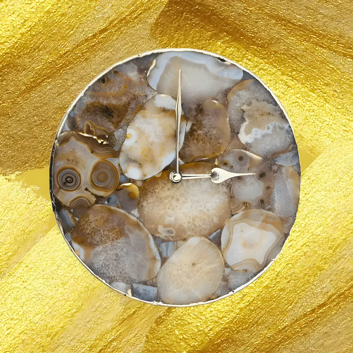 Large brown agate round wall clock on gold background, circular pale brown and cream agate mosaic face with silver hands