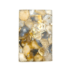 Brown crystal agate rectangular wall clock front view, mosaic tan-brown-grey agate face, gold hands, white border