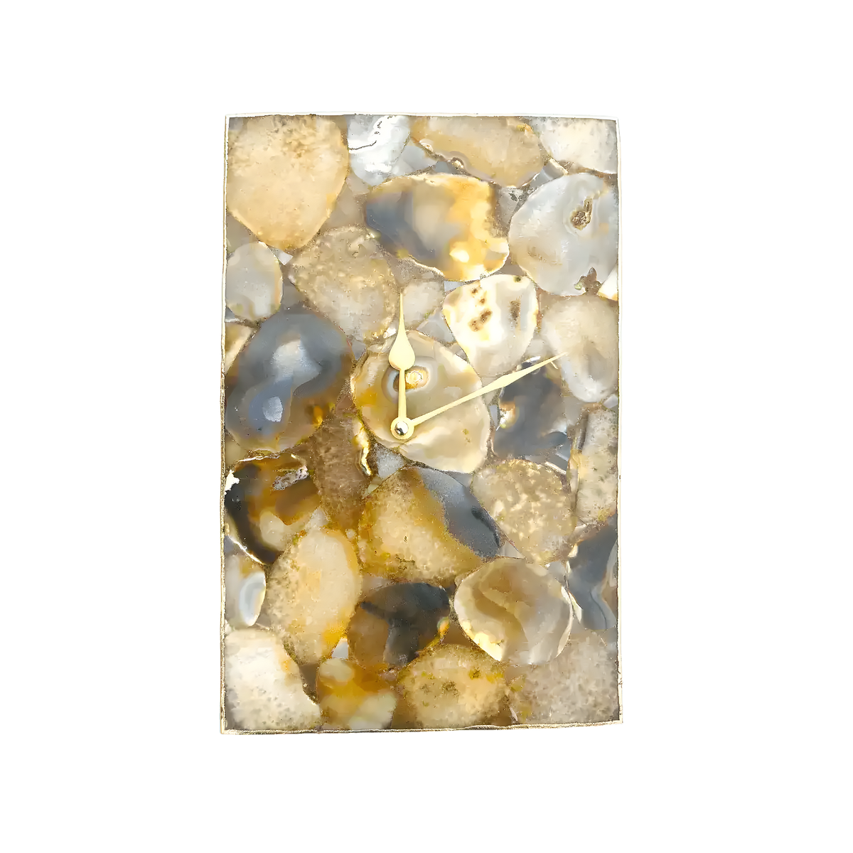 Brown crystal agate rectangular wall clock front view, mosaic tan-brown-grey agate face, gold hands, white border