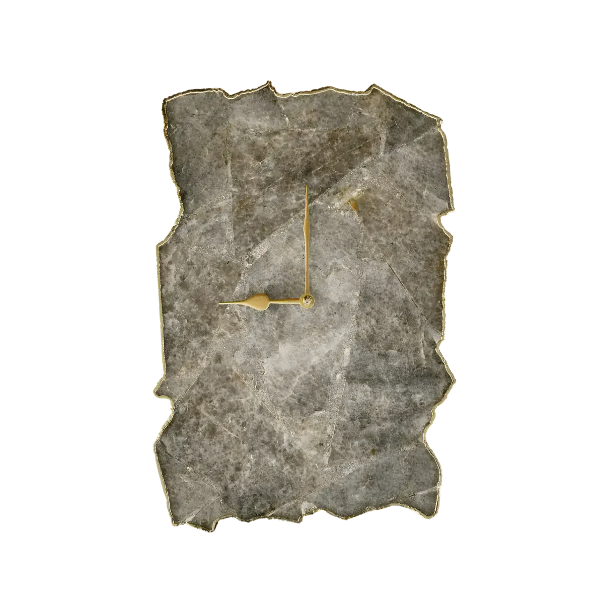 Large grey agate rectangular wall clock, dark charcoal stone slab with irregular edges, gold border trim and gold clock hands