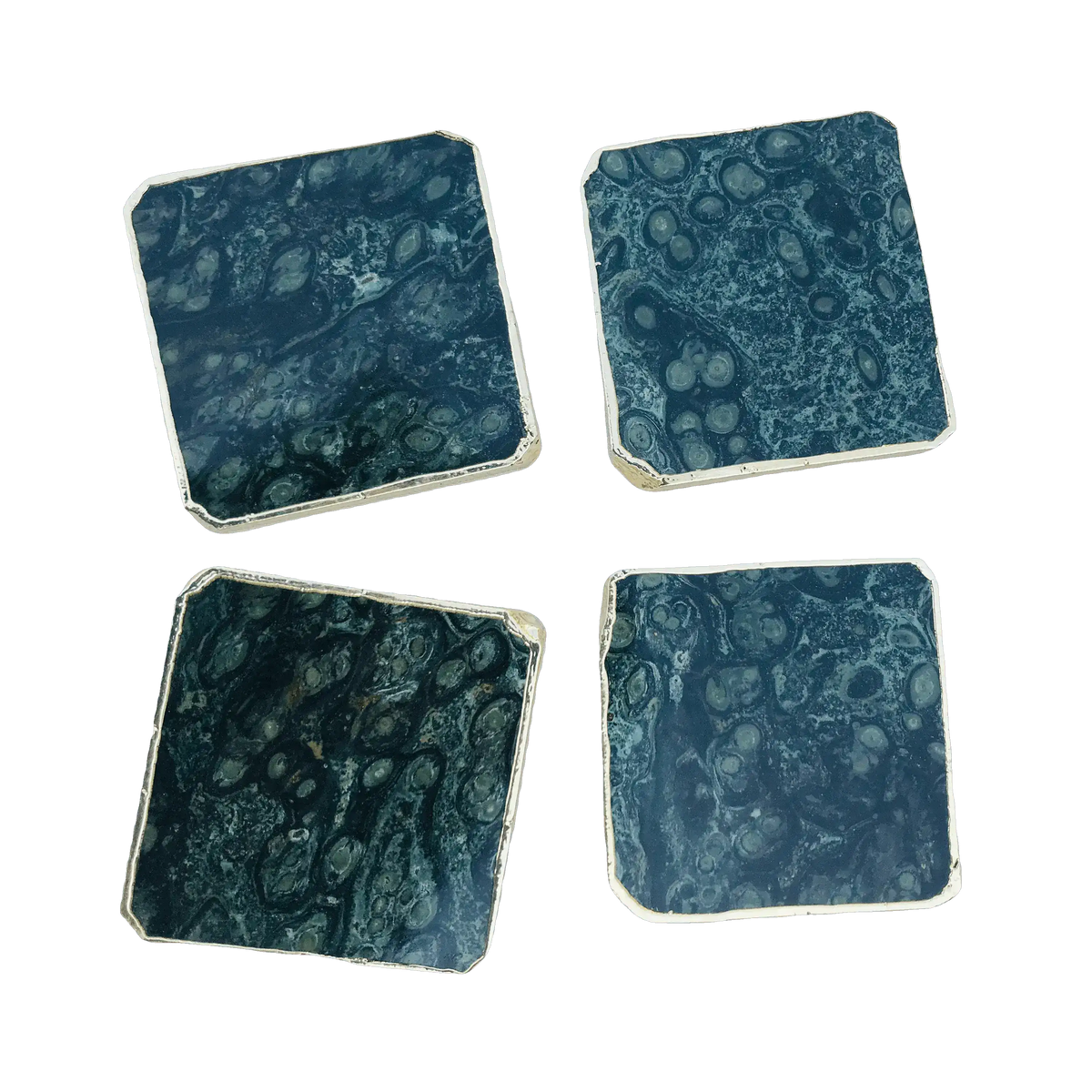 Kambaba jasper coaster set of 4, dark blue-green square stone coasters with orbicular patterns and silver-edged rims, overhead view