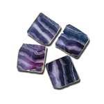 Four purple fluorite agate coasters pinwheel on grey, purple-lavender banding, natural rough edges, silver trim