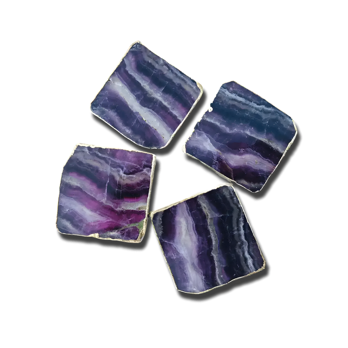 Four purple fluorite agate coasters pinwheel on grey, purple-lavender banding, natural rough edges, silver trim