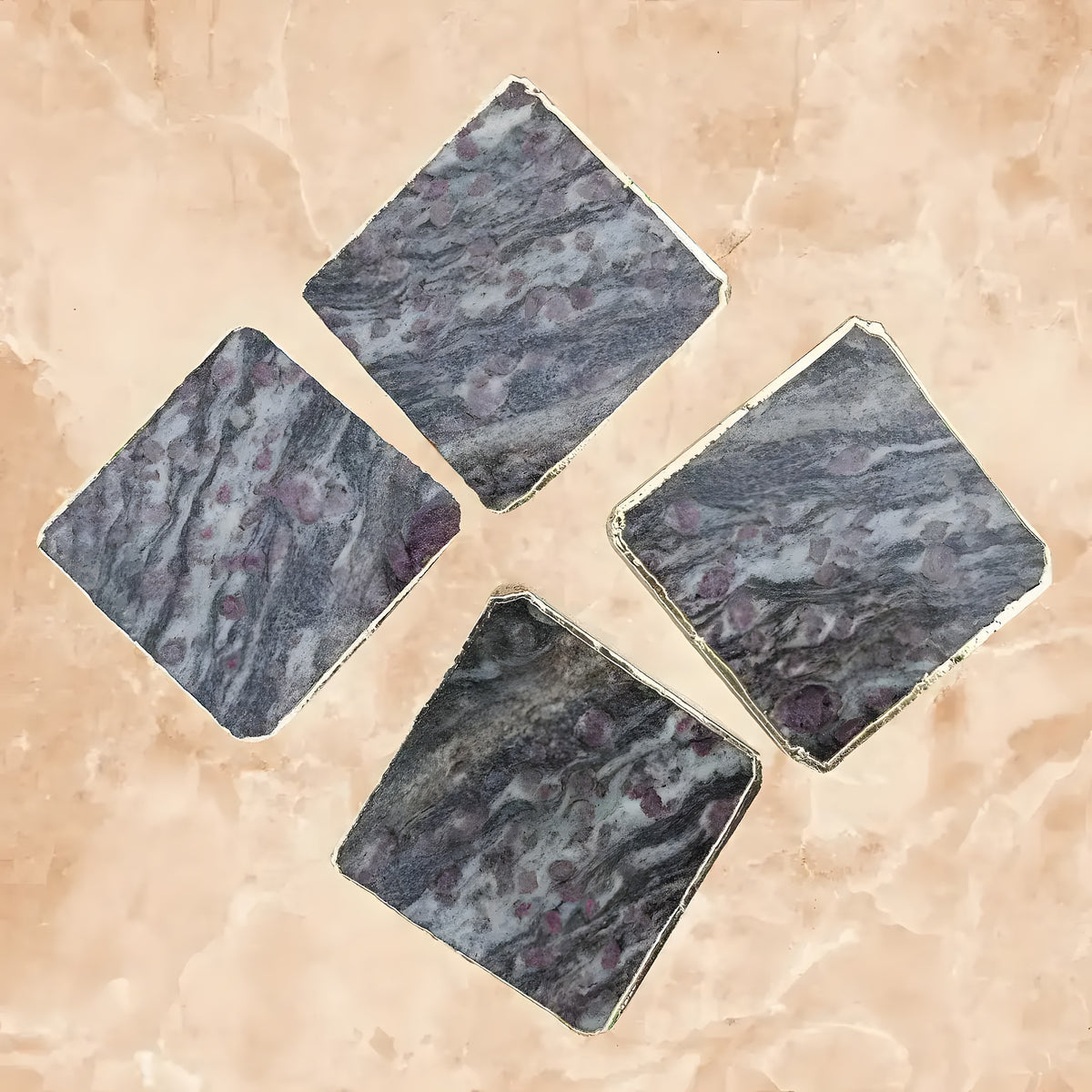 Lepidolite agate coaster set of 4, four diamond-arranged gray-purple square coasters with silver edges and purple speckling