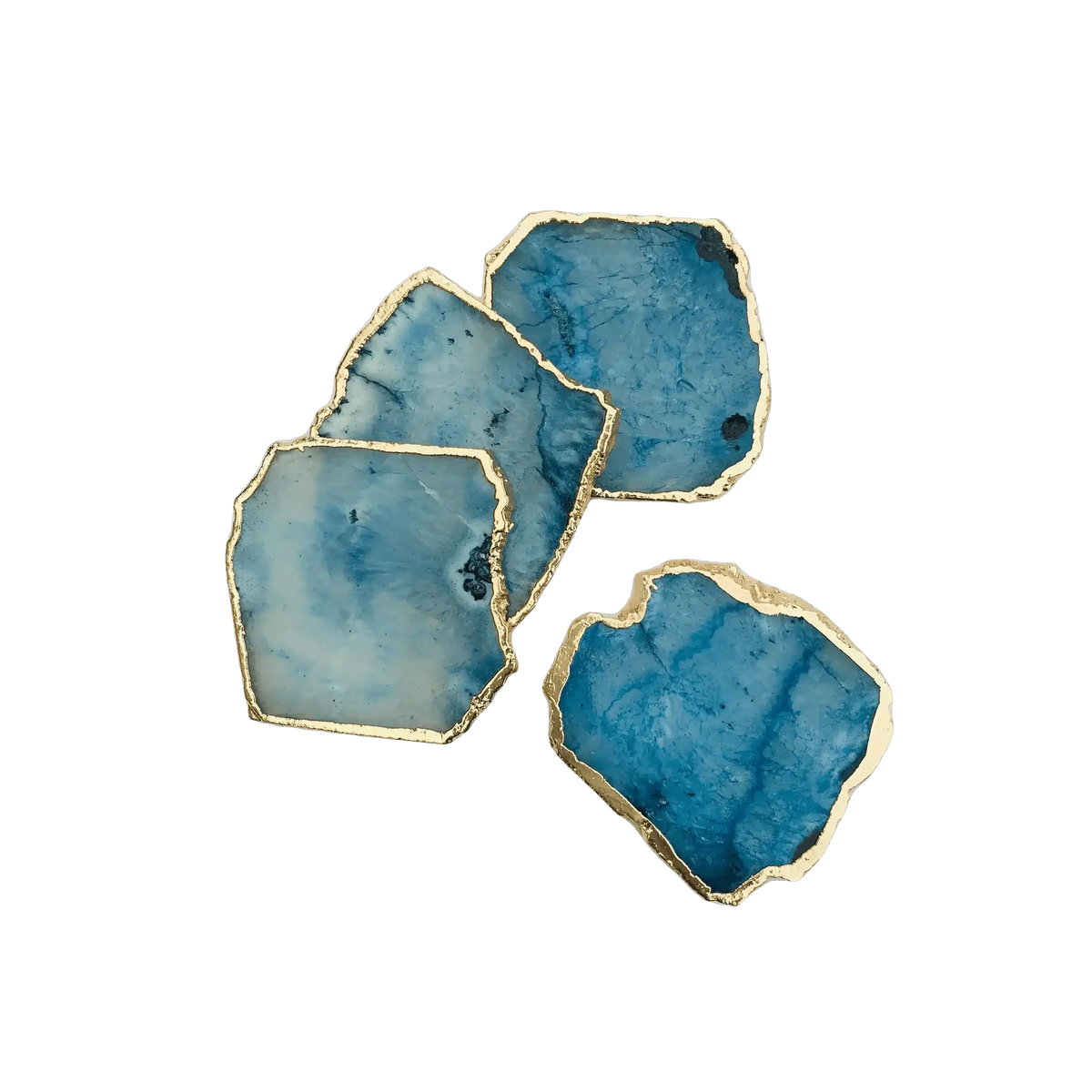 Four blue agate coasters fanned in loose cluster, irregular polished freeform slices in pale to medium blue with gold edge