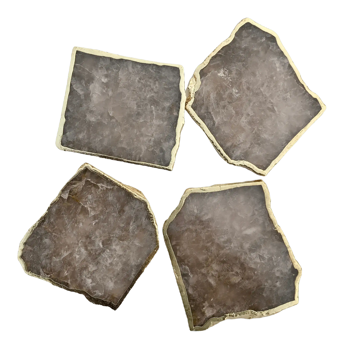 Four smoky grey agate quartz coasters in overhead grid, each with organic edges and grey-brown stone, rough gold border.