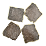 Four smoky grey agate quartz coasters in overhead grid, each with organic edges and grey-brown stone, rough gold border.