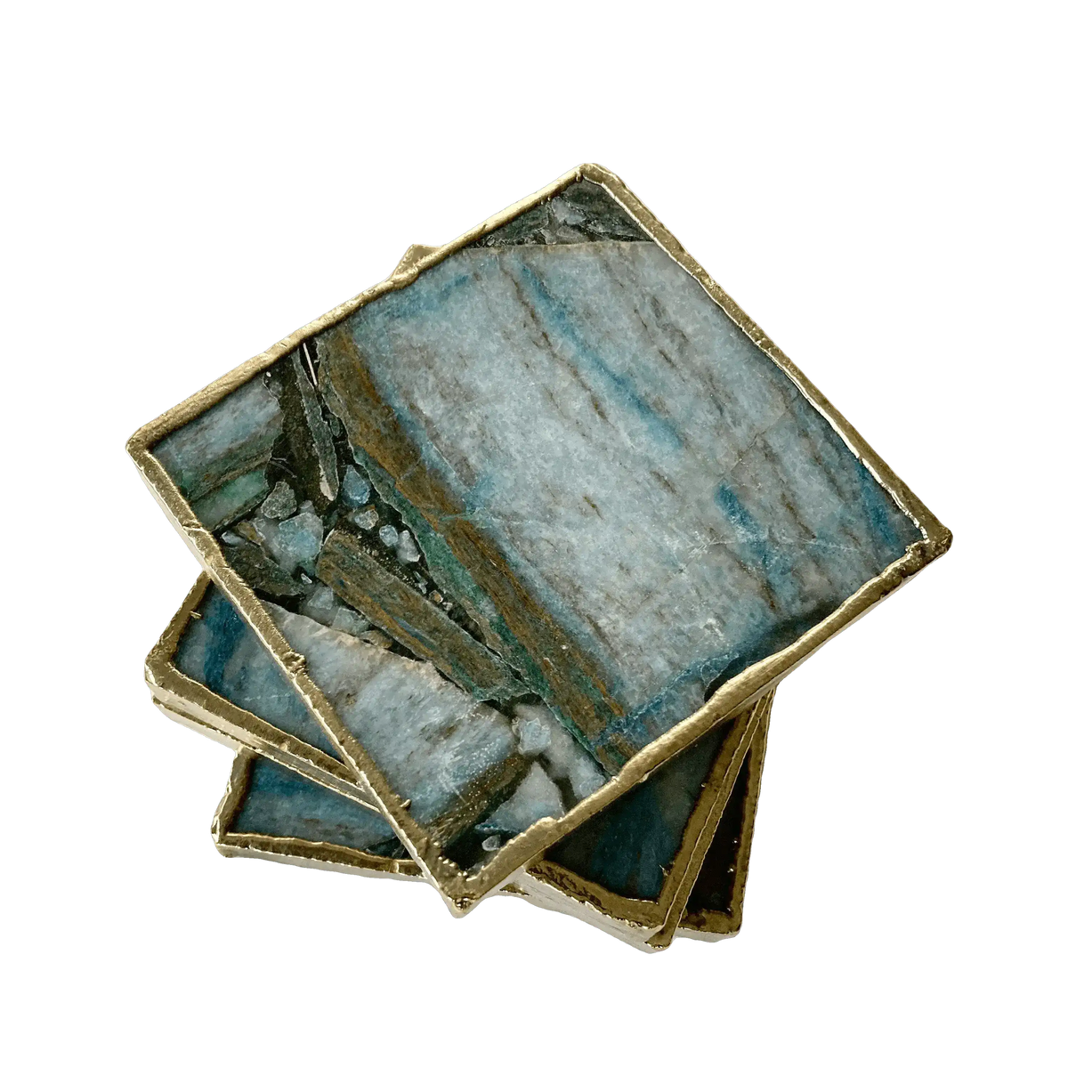 Stack of four blue-green composite agate coasters at angle showing teal-blue and grey-brown mineral veining, gold edge.