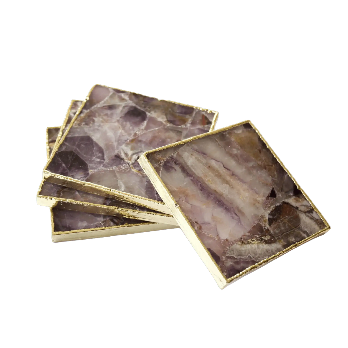 Set of four amethyst agate coasters fanned and stacked — purple-mauve crystalline stone slabs with white veining in gold rectangular frames