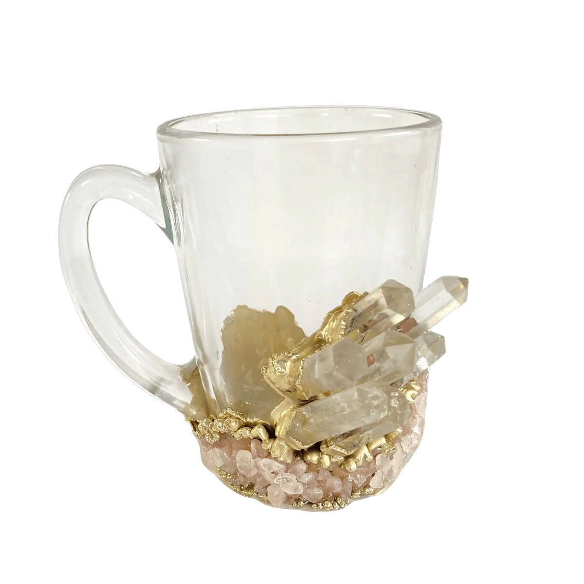Clear and Rose Quartz Marbled Glass Coffee Mug - Set of 2 Rose gold finish