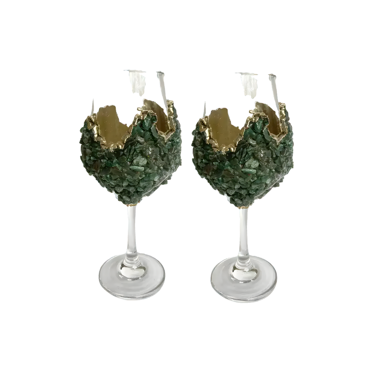 Two dark green quartz wine glasses with crushed green crystal chip bowls and jagged gold rim trim on clear glass stems