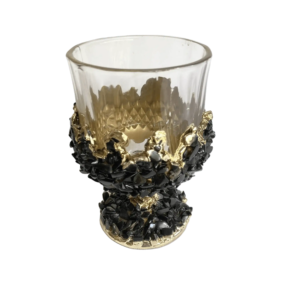 Black quartz wine glass — faceted clear upper bowl, black quartz chips with gold banding, chunky quartz base on white