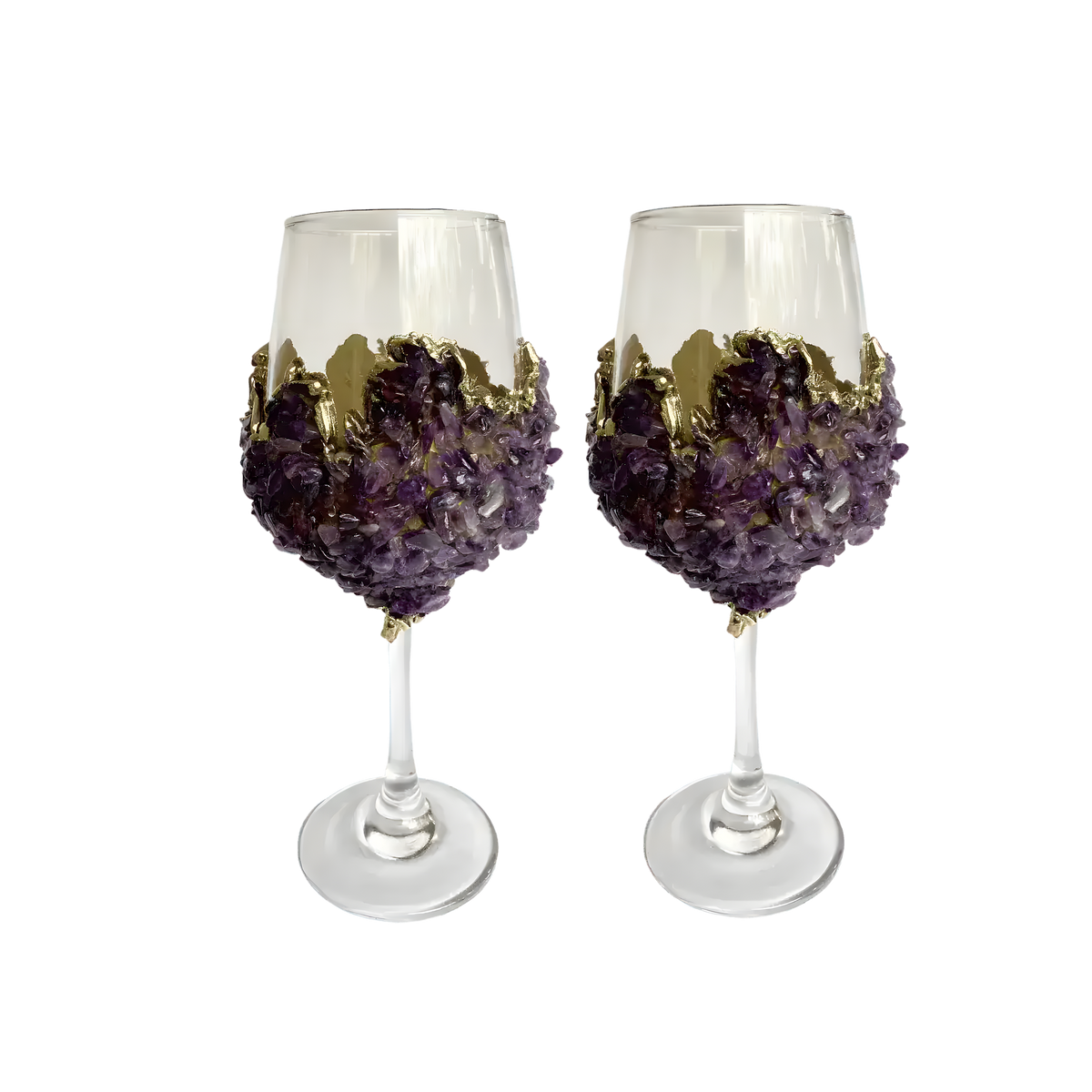 Two purple quartz wine glasses side by side, amethyst crystal chip clusters on each bowl, gold accent band, clear stems.