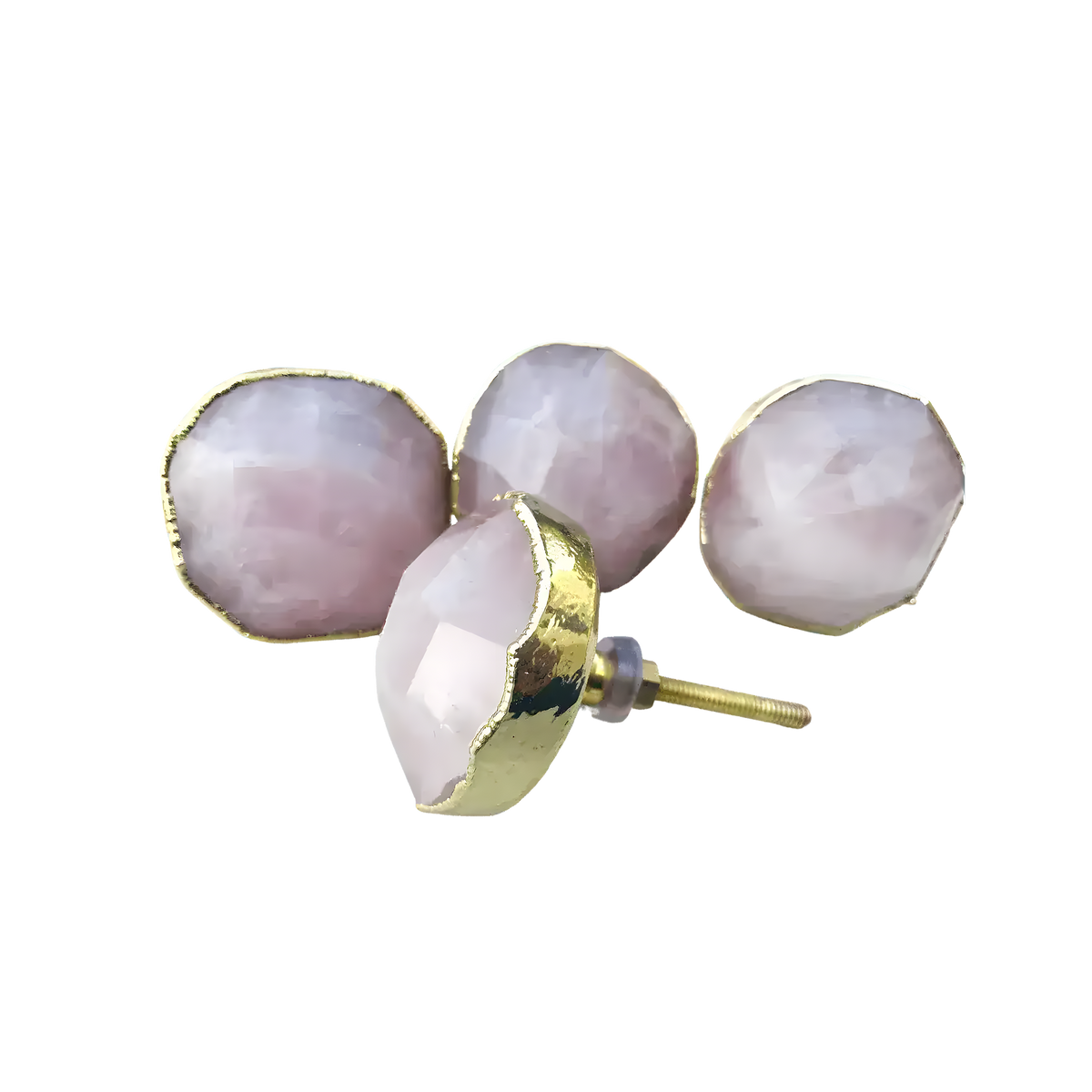 Three pale pink rose quartz knobs, gold rim, one showing brass screw stem — overview with hardware