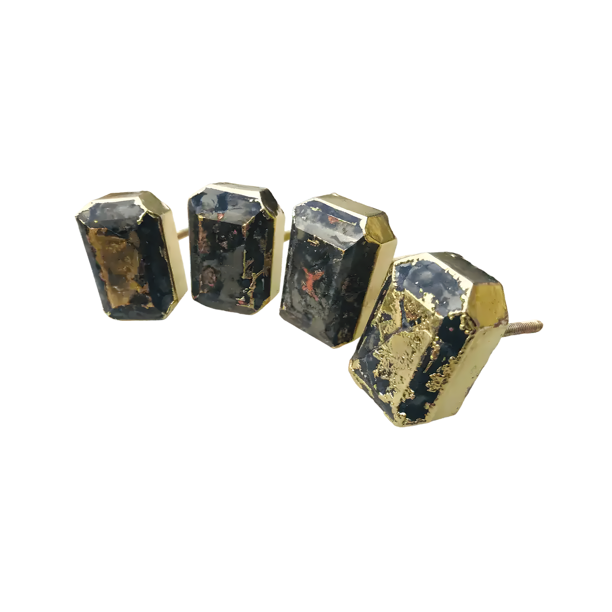 Four dark charcoal agate faceted drawer pulls in gold rectangular settings, arranged in a row on white background