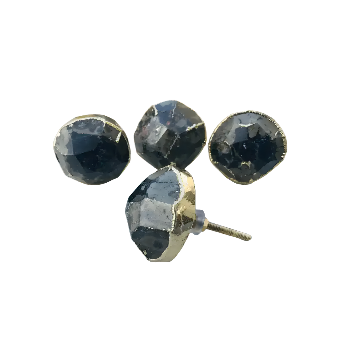 Four pyrite gemstone agate cabinet knobs with dark charcoal faceted stone faces and gold rims, one showing mounting screw