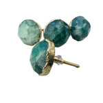 Four green fluorite agate round pull handles in gold bezels — teal and mint tones, one showing screw mount from side