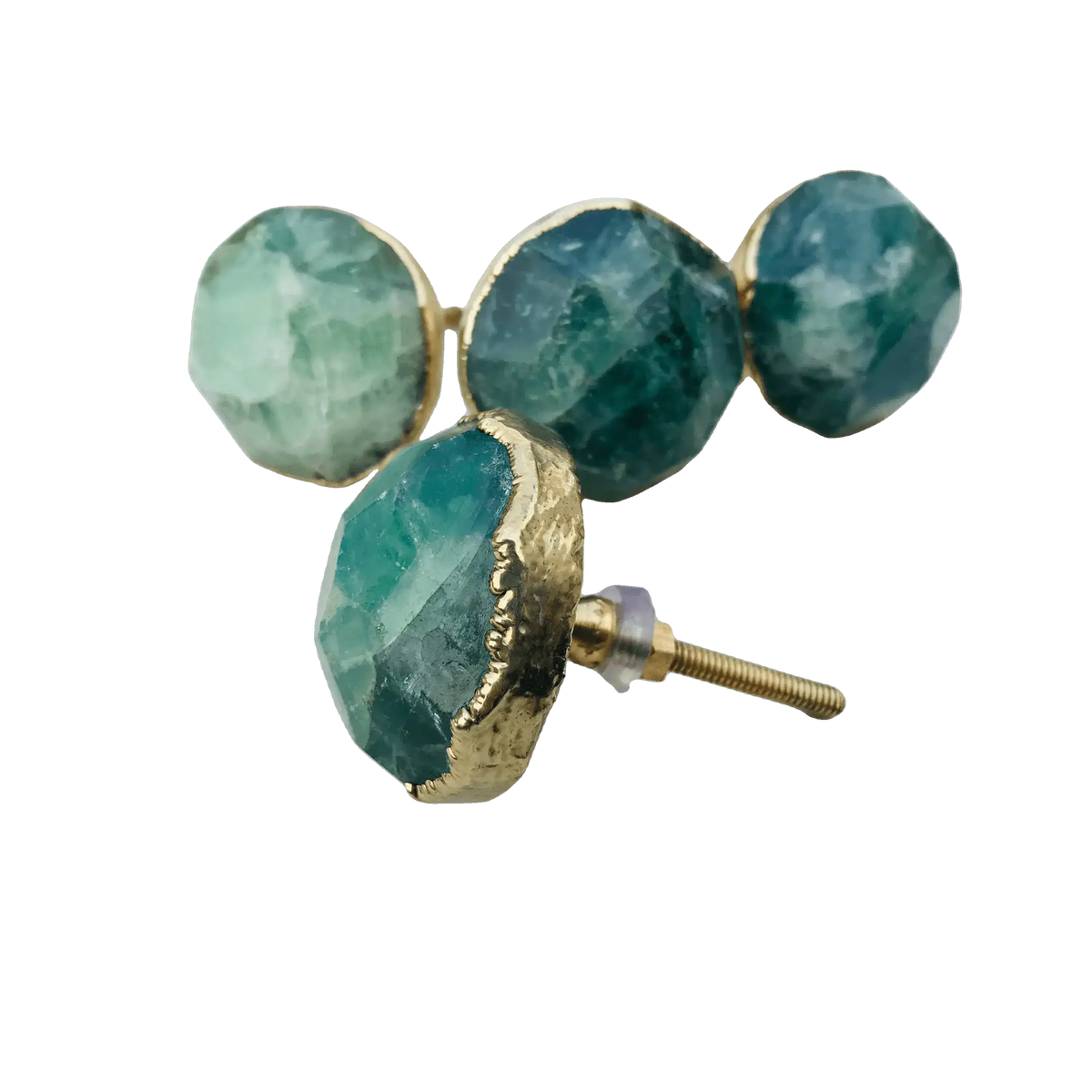 Four green fluorite agate round pull handles in gold bezels — teal and mint tones, one showing screw mount from side