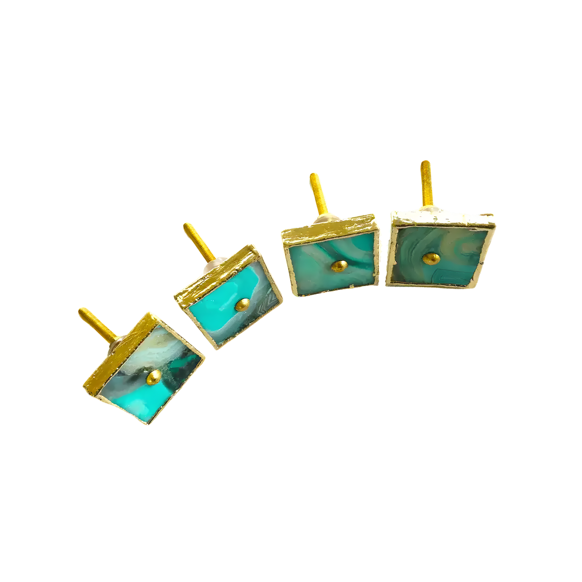 Four green agate square pull handles in gold settings — vibrant teal-green swirled stone with screw mounts, laid diagonally