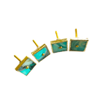 Four green agate square pull handles in gold settings — vibrant teal-green swirled stone with screw mounts, laid diagonally