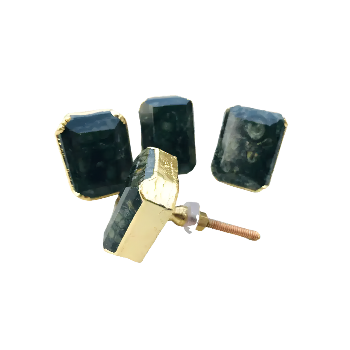 Four kambaba jasper cabinet knobs with dark green fossil-patterned stone in gold rectangular bezels, one showing screw hardware