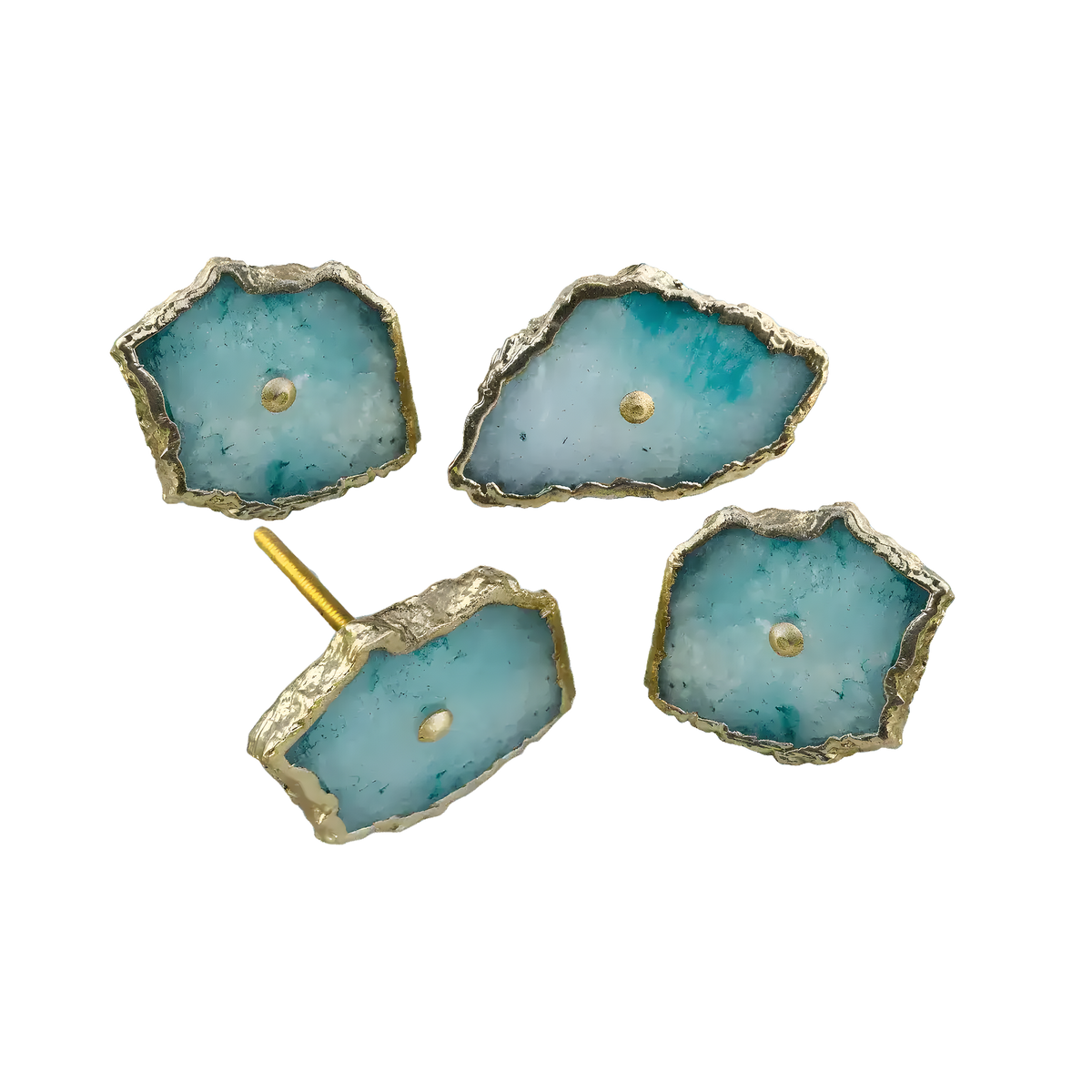Four freeform aqua-teal agate cabinet knobs with jagged gold bezels and central gold studs on white, one showing screw post