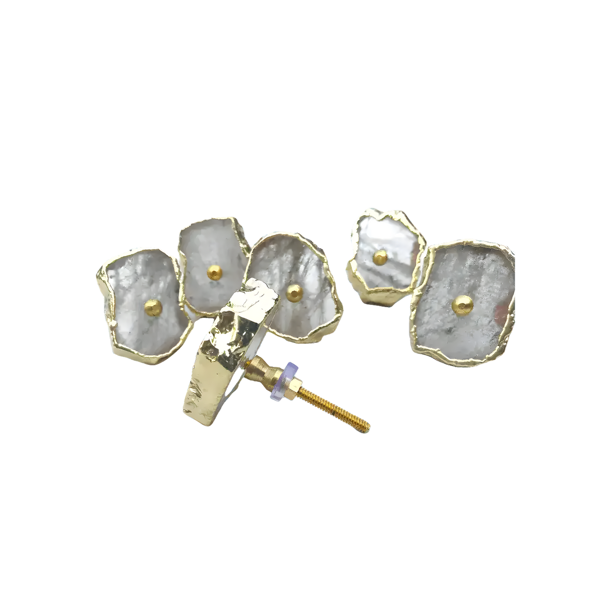 Four translucent clear quartz agate pulls, one showing T-bar handle and brass screw, frosted pale stone