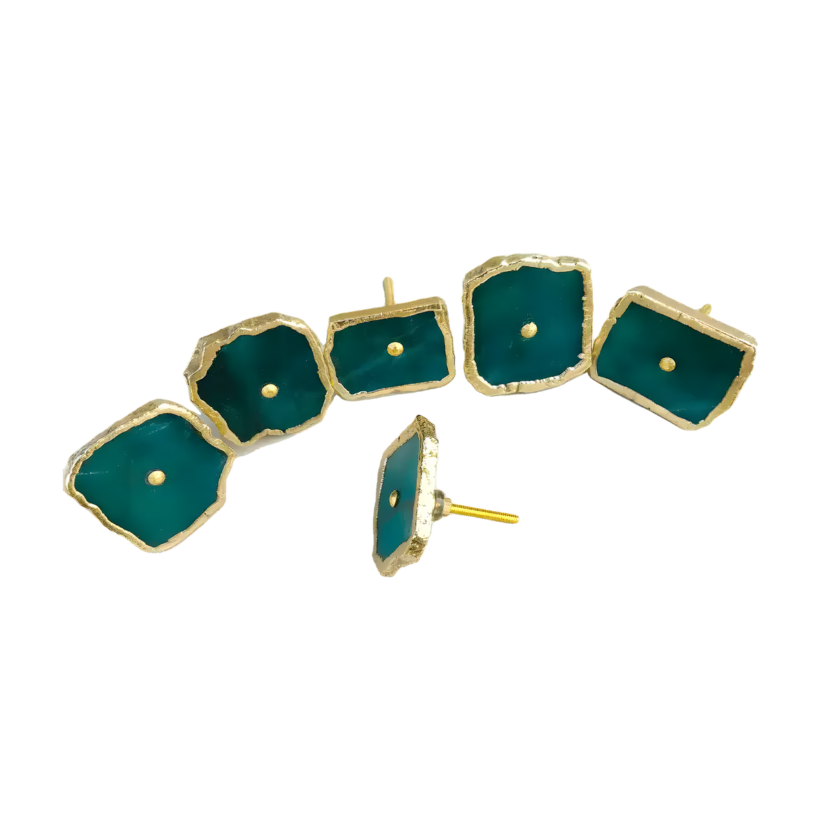 Six emerald green agate knob handles scattered, one upright showing mounting pin, vivid teal-green stone, natural irregular edges, gold trim