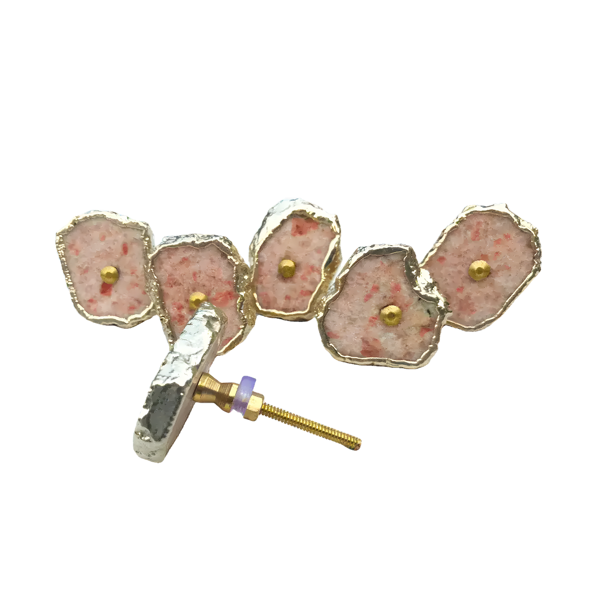 Six sunstone agate door pulls fanned out, one facing up to show gold screw hardware, pink-speckled stone with silver rims