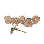 Six sunstone agate door pulls fanned out, one facing up to show gold screw hardware, pink-speckled stone with silver rims