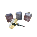 Four translucent faceted quartz cabinet pulls with gold-edged square facets, one showing the screw hardware, on white.