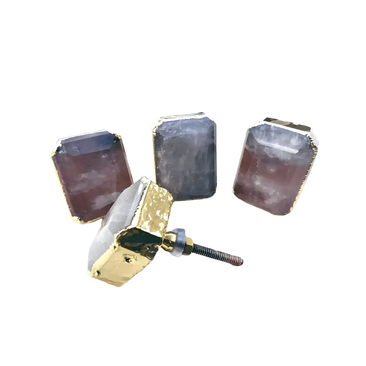 Four translucent faceted quartz cabinet pulls with gold-edged square facets, one showing the screw hardware, on white.