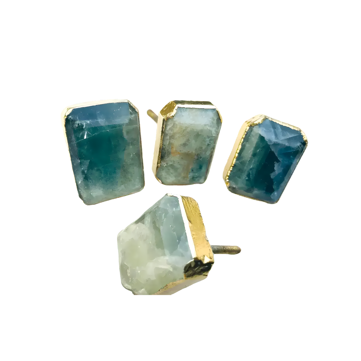 Four green fluorite quartz pull handles in gold settings — teal, pale green, and blue-green translucent banded faces on grey
