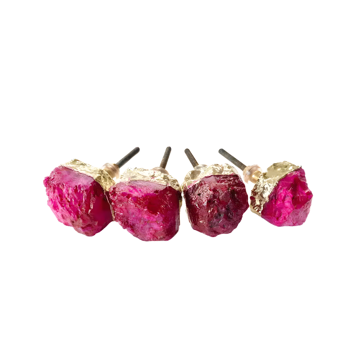 Four vivid magenta-pink raw agate cabinet pulls in a row with gold top caps and threaded stems, on grey background