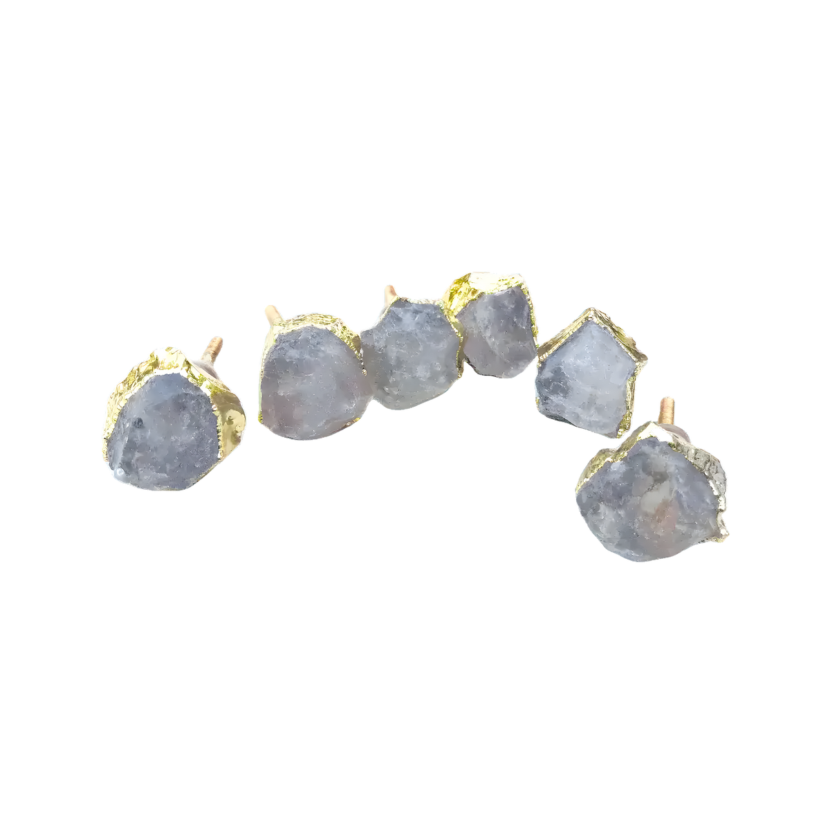 Six raw clear quartz cabinet knobs with gold claw bezels arched in a row on white, two showing screw posts
