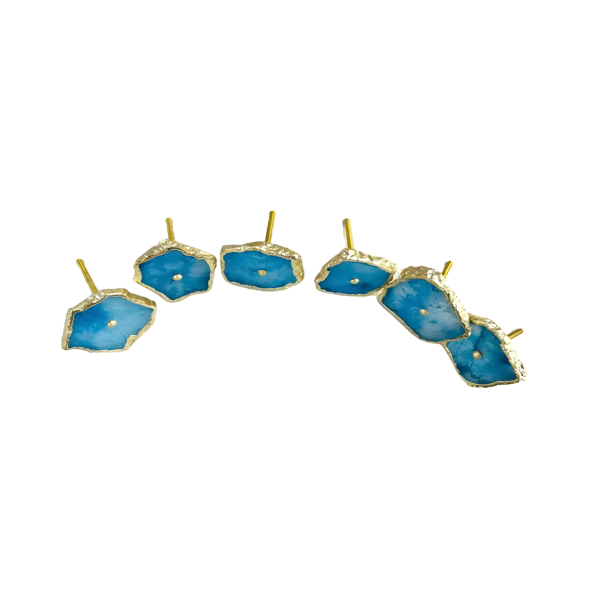 Six sky-blue quartz oval knobs arranged in a wide arc showing smooth polished faces with gold rims and center studs