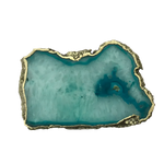 Top view of large aqua agate tray, irregular organic slab, translucent turquoise-blue stone, dark eye inclusion, rough gold border