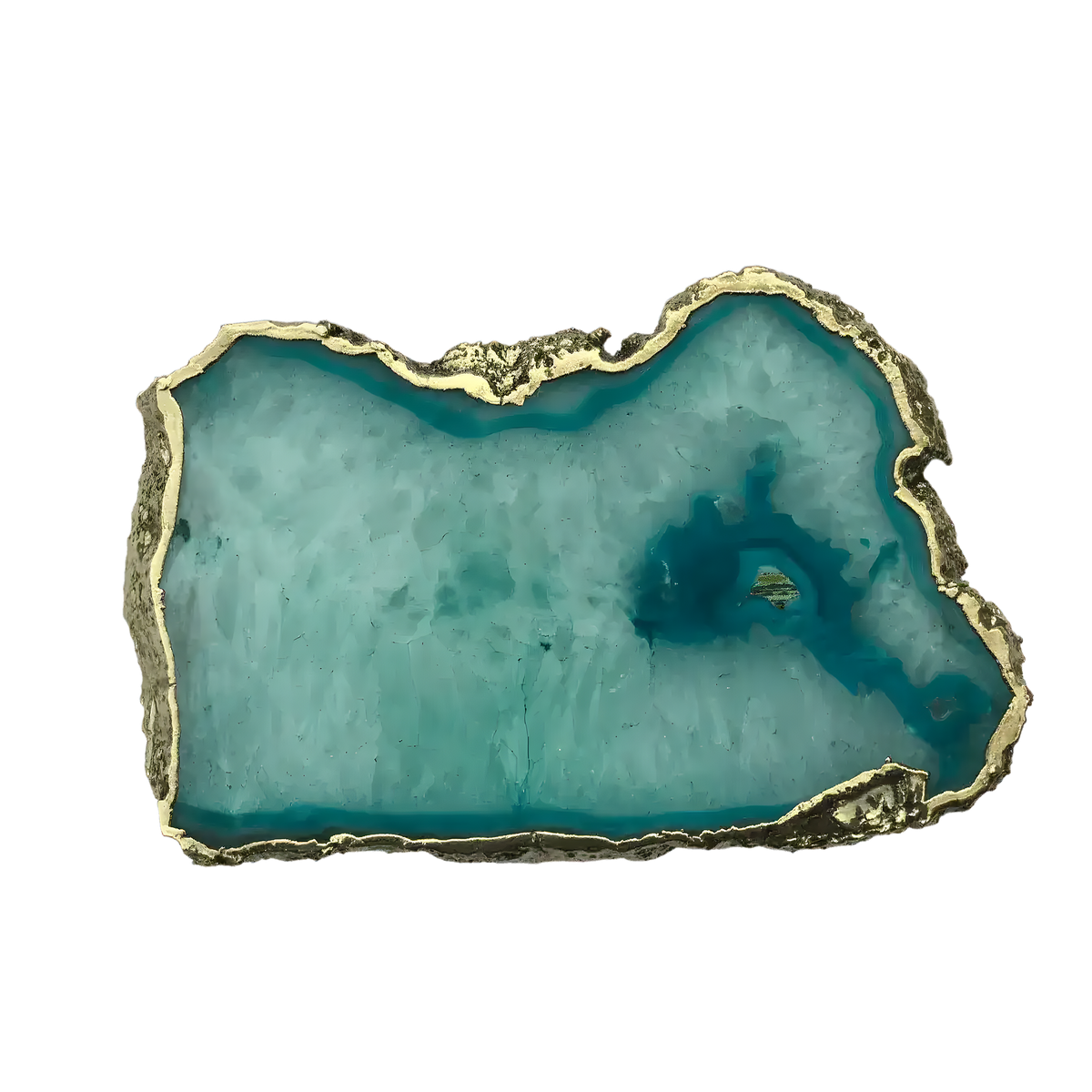 Top view of large aqua agate tray, irregular organic slab, translucent turquoise-blue stone, dark eye inclusion, rough gold border