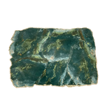 Large green agate cheese platter tray, dark forest-green stone, swirling olive-gold inclusions, gold trim, flat top view