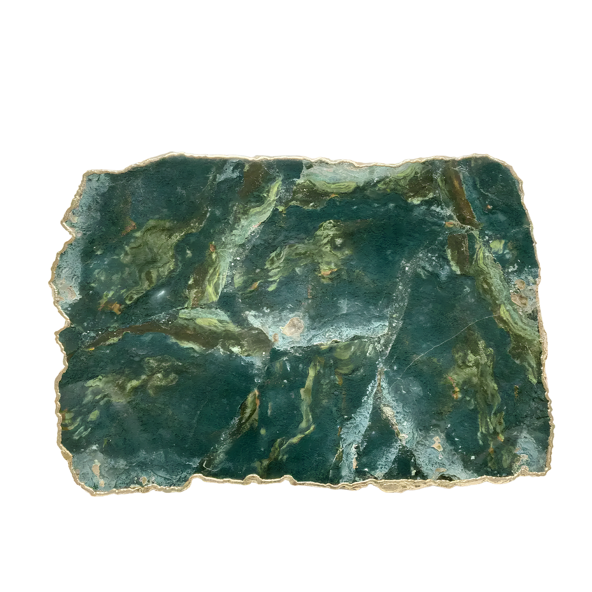 Large green agate cheese platter tray, dark forest-green stone, swirling olive-gold inclusions, gold trim, flat top view