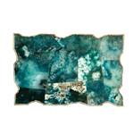 Overhead of large composite green agate cheese platter tray — teal, dark green and white crystalline mosaic with gold foil edge