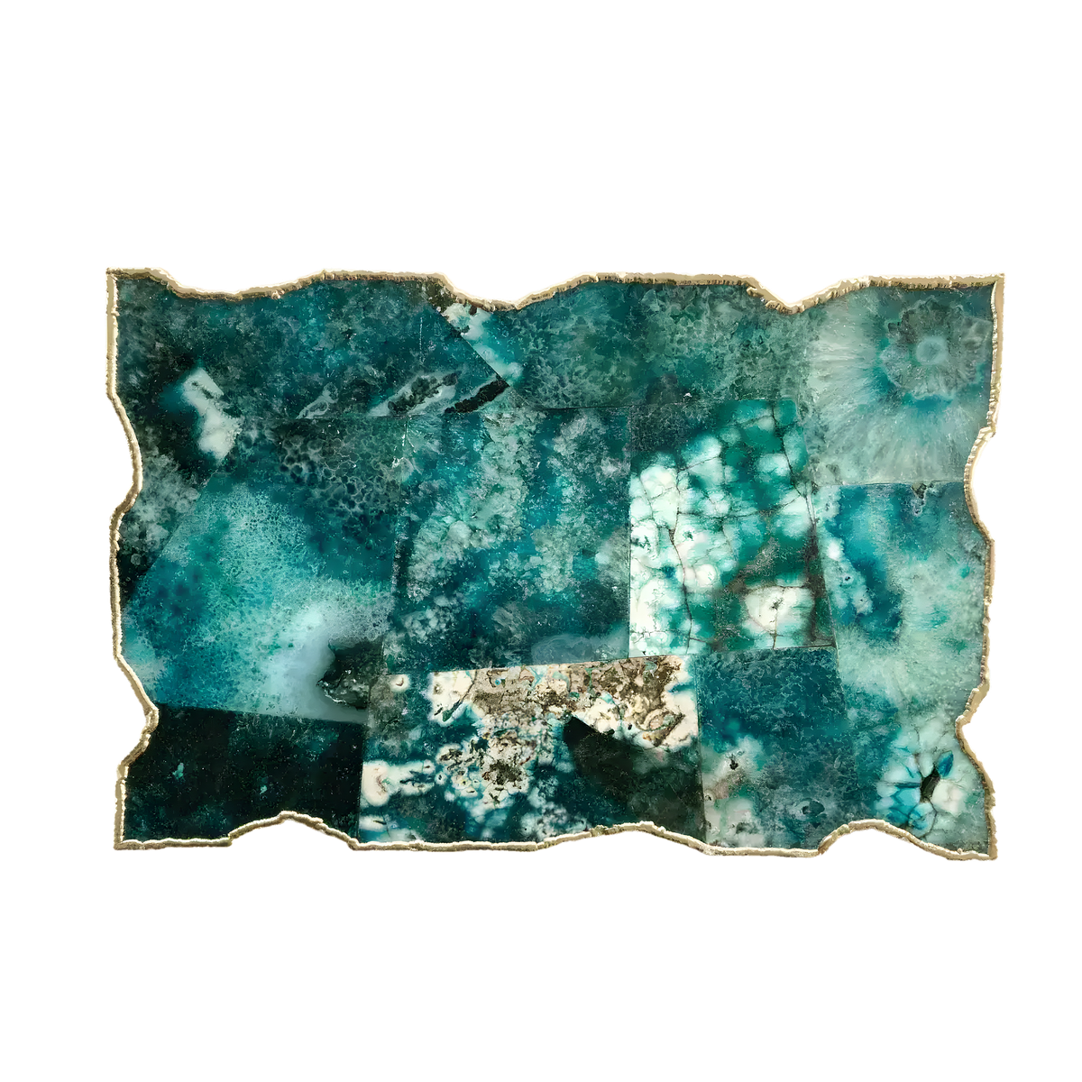 Overhead of large composite green agate cheese platter tray — teal, dark green and white crystalline mosaic with gold foil edge