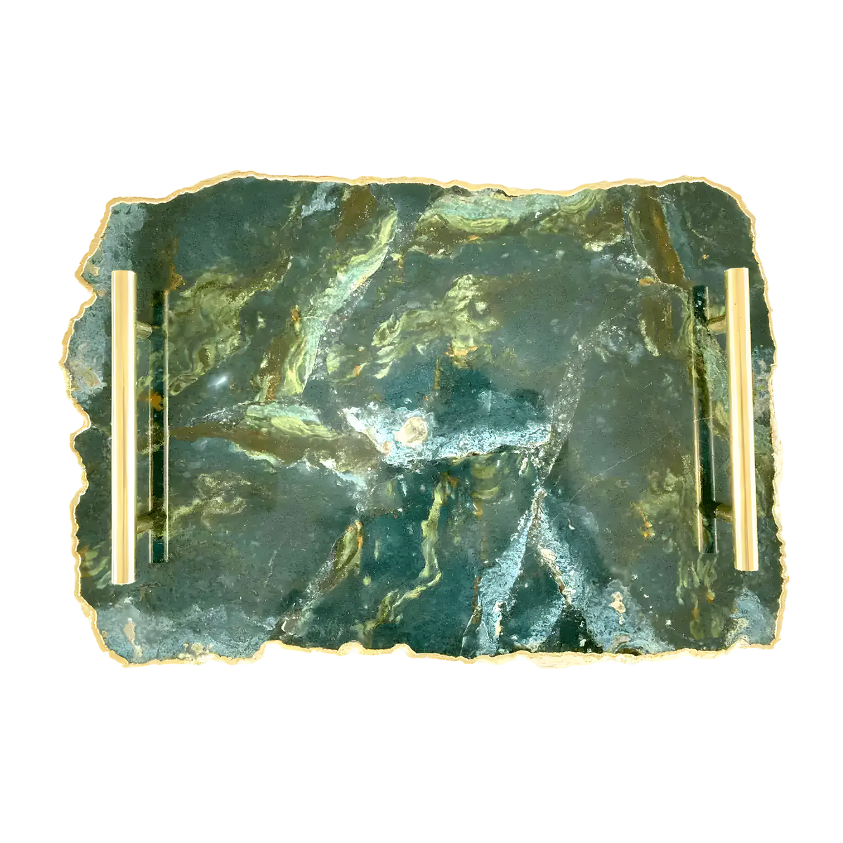 Top-down view of large green agate serving tray with brass handles showing dark green and gold stone surface