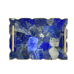 Large lapis lazuli serving tray — deep cobalt blue stone mosaic with scalloped gold edges and two brass bar handles