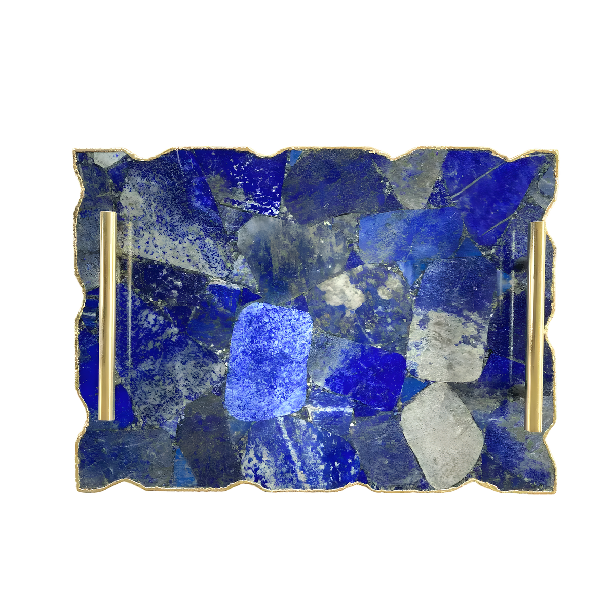 Large lapis lazuli serving tray — deep cobalt blue stone mosaic with scalloped gold edges and two brass bar handles