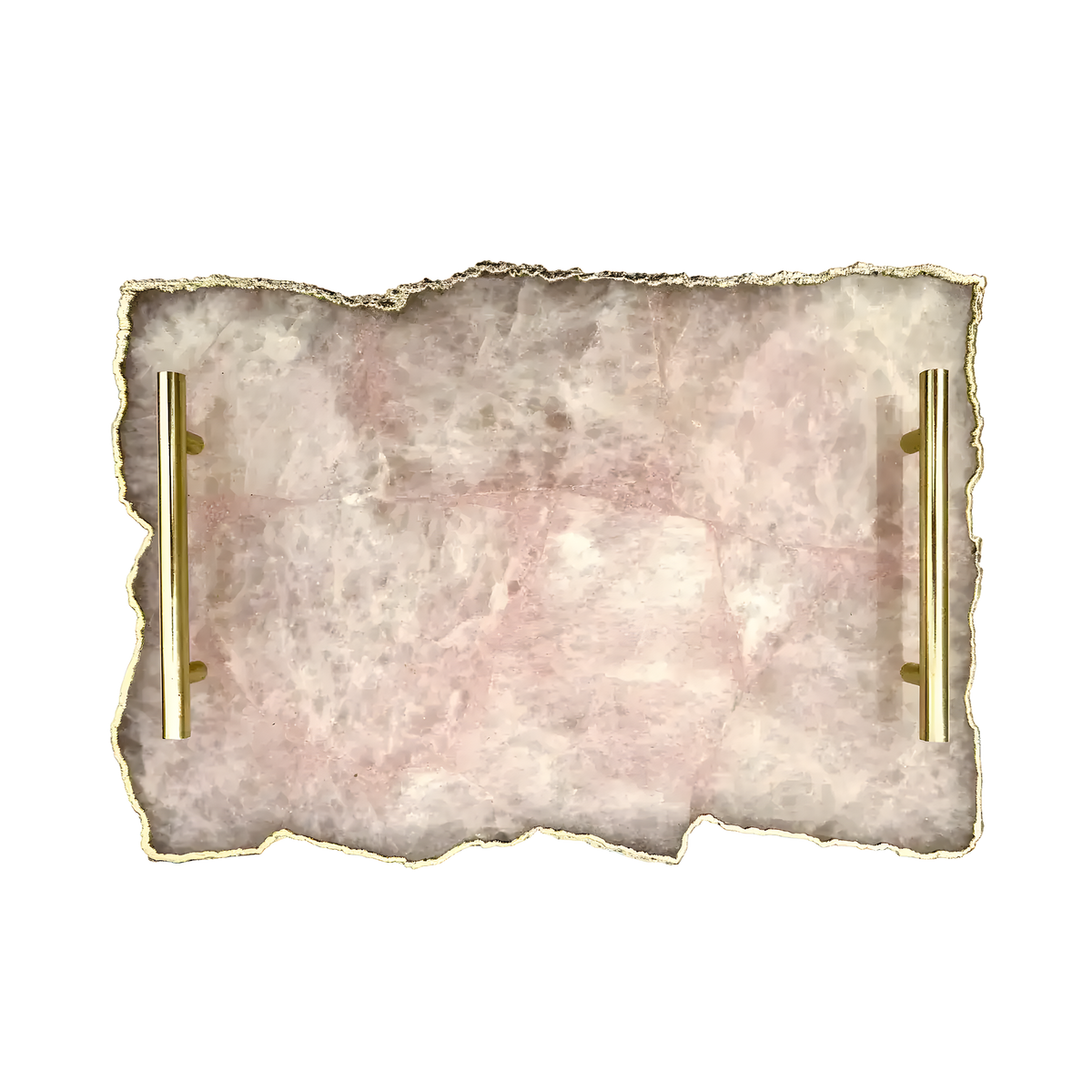 Top-down view of large rose quartz agate serving tray with pink blush stone surface and two parallel brass handles