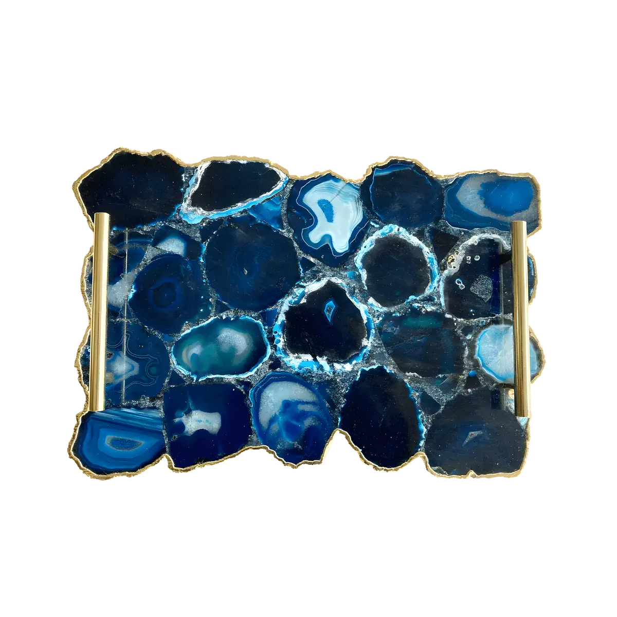 Top-down view of large blue agate serving tray with brass handles showing mosaic of navy and ice-blue agate slices with silvery mineral fill