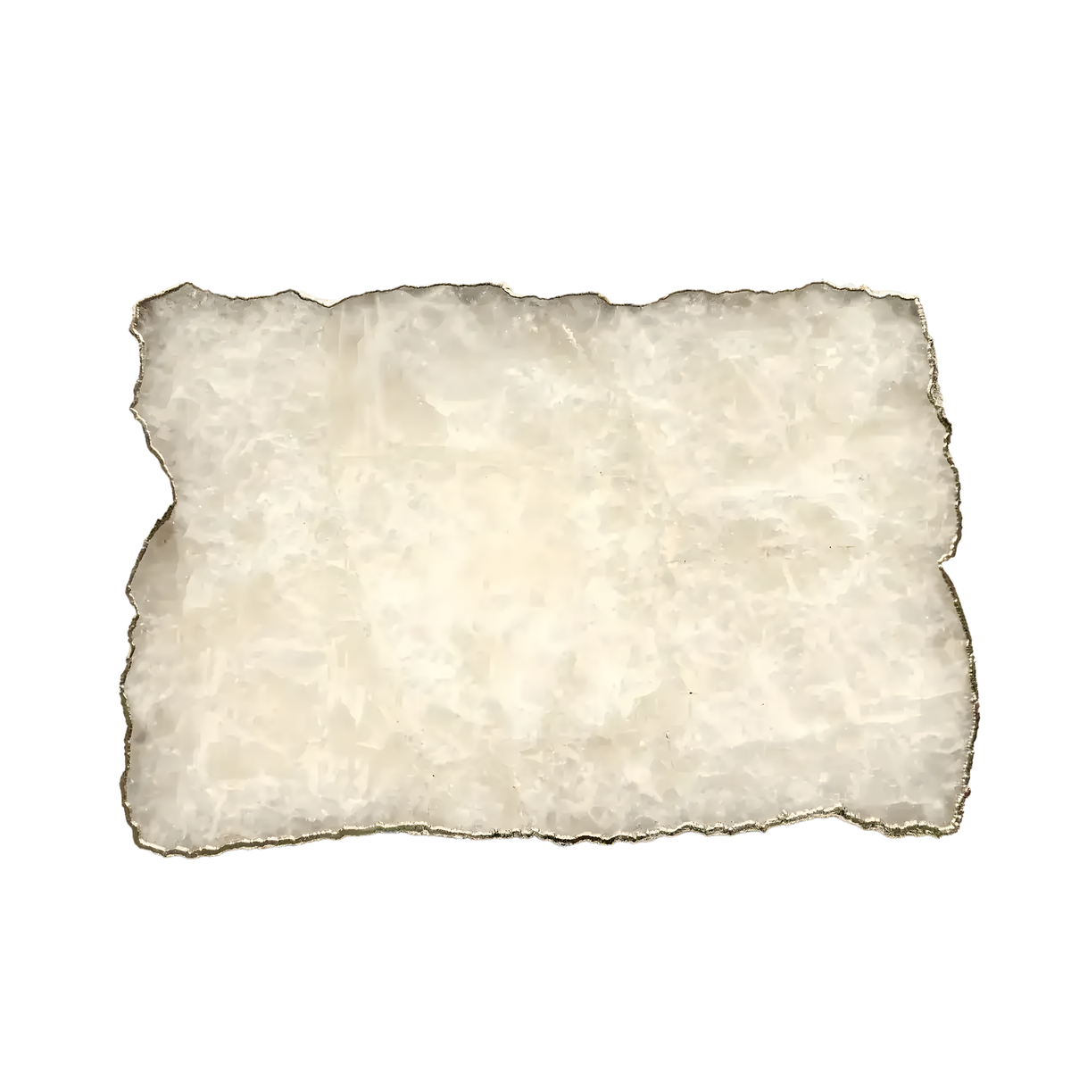 Rectangular white agate cheese platter with luminous milky-white crystalline surface and rough wavy organic edges with subtle gold trim