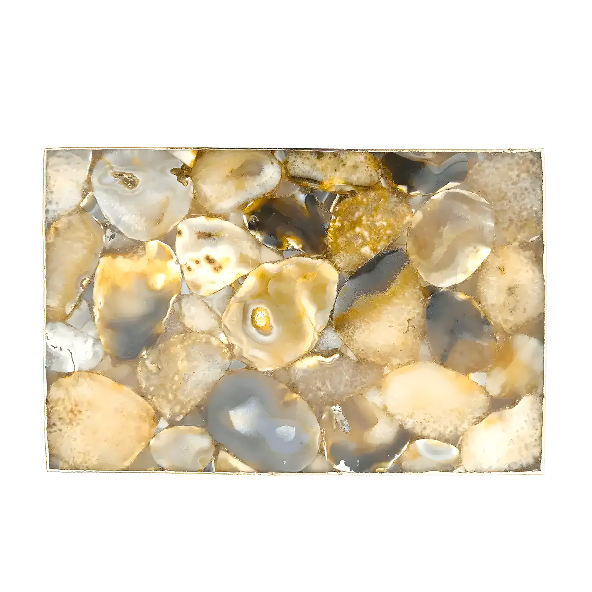 Flat top-down view of large brown agate cheese platter tray with cream and honey rounded stone pieces, gold border