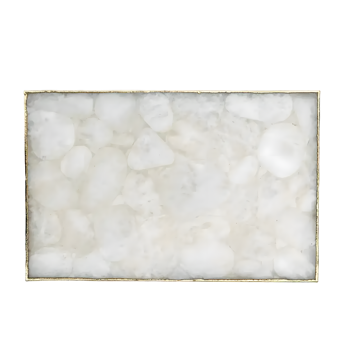 Large white crystal agate cheese platter — rectangular mosaic of white crystal stone slabs in slim gold frame
